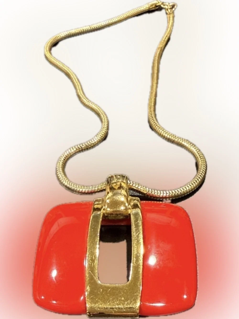 LANVIN Vintage 1970s Gold Plated and Red Pendant Keyhole Necklace w/ Snake Chain